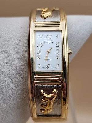 GRUEN Vintage Panther/Two Toned Gold/Silver Hinged Cuff Watch NEW BATTERY - Image 1 of 4