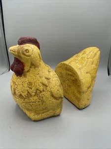 Yellow Chicken Bookends Heavy Farmhouse Terracotta Shabby Chic Distressed - Picture 1 of 11