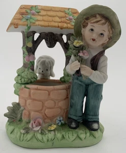 Vintage Morleans Boy at Water Well Colorful and Floral Figurine - Picture 1 of 10
