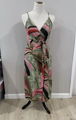 Vestido Jason Wu Mezcla de Lino Sobrepelliz Imitación Envolvente Corbata Frontal Midi Tropical 6 Nuevo $425 Foto 1 de 4