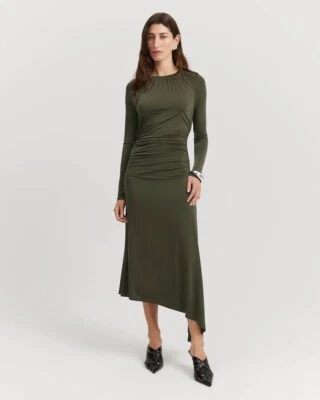 NWT Country Road Jersey Longsleeve Dress [Size L] Dark Green Slim Fitted Ruched - image 1 of 4