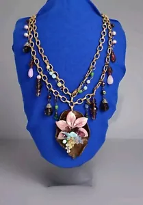 OOAK ASSEMBLAGE NECKLACE ARTISAN ANTIQUE BLUE GLASS BIRDS CHARM COLLAR STATEMENT - Picture 1 of 7