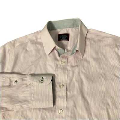 Camisa masculina manga longa UNTUCKit listrada rosa com botões sem rugas média - Imagem 1 de 4