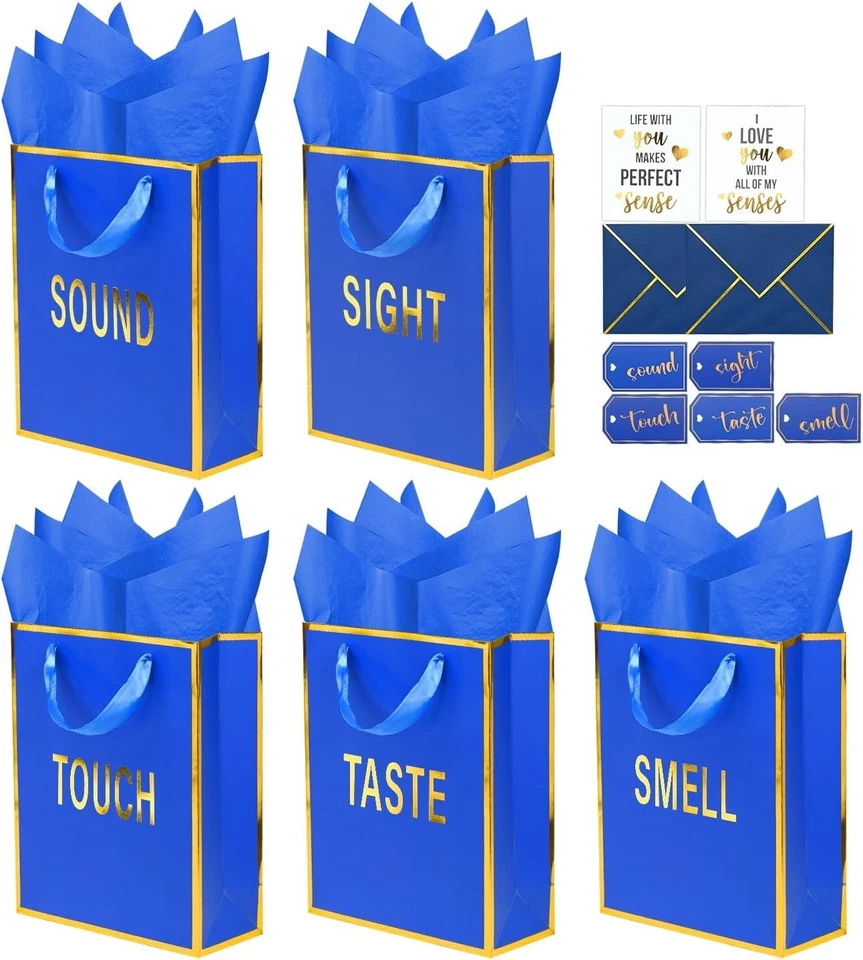 Juego de 5 bolsas de regalo azules de 5 sentidos con etiquetas de papel de aluminio dorado sobres tarjetas Foto 1 de 4