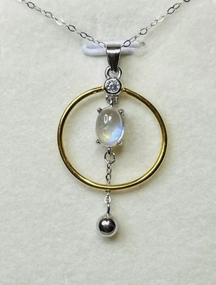 Collar colgante círculo piedra lunar arco iris hielo India plata de ley 925 Foto 1 de 4