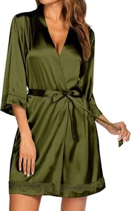Women's Lace-Trim Silk Robes Bride Bridesmaid Kimono Satin Bathrobe V Neck - Picture 1 of 6