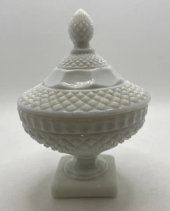 VTG Westmoreland Footed White Milk Glass Covered Candy Dish Diamond Cut Hobnail - Picture 1 of 11