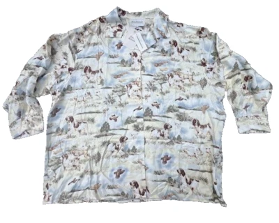 Marisa Christina II Ivory Hunting Dog & Bird Print Long Sleeve Button Blouse 3X - Image 1 of 4