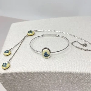 Vintage Japan Necklace & Bracelet Set Blue Rose Y-Drop Chain Dainty Heart - Picture 1 of 13