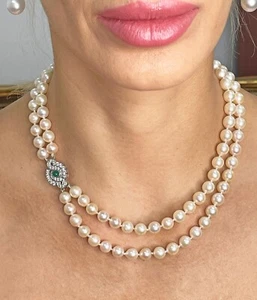Vintage 2-Row Cultured Akoya Pearl Necklace 18K WG Diamond Agate Jewelry Clasp - Picture 1 of 21