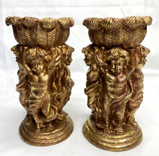2 Gold Plaster Cherub Candlesticks Angel Candle Holders Victorian Style Resin