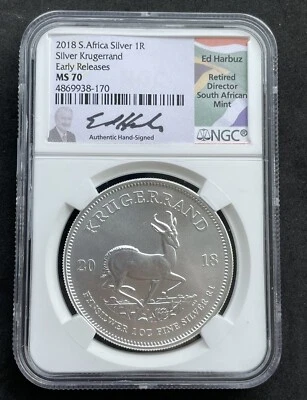 2018 S Africa Silver Krugerrand Early Release NGC Ms70 Ed  Harbuz Signed - Image 1 of 4