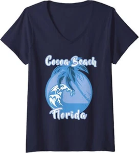 Cocoa Beach Florida Coastal Nautical Ocean Palm Trees Waves V-Neck T-Shirt - Picture 1 of 7