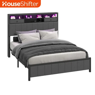 Marco de cama de almacenamiento tamaño king y queen con cajones tomas de corriente cabecero estantes Foto 1 de 4