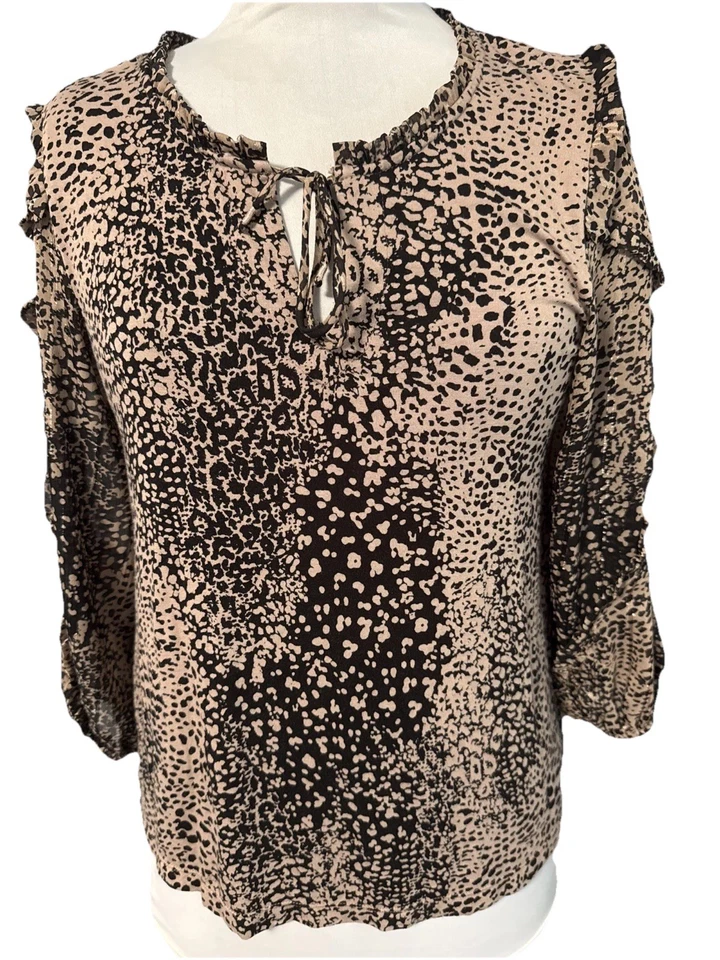 Blusa Campesina Anthropologie Maeve Top Talla Pequeña Marrón Estampado Animal Volantes Foto 1 de 4