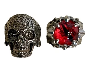 2 Stainless Steel Rings Tattoo Skull & Red Faux Stone -Biker Punk Band Sz 7.5 7 - Picture 1 of 5
