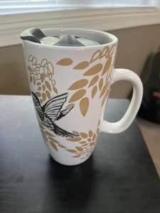 Starbucks Hummingbird 2017 Ceramic Tall Latte Mug Cup 16oz Gold Leaves RARE - Picture 1 of 9