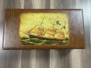 VINTAGE 60s MEDIUM/ WOOD WITH LEATHER CHEST WITH COLUMBUS BOAT SIZE 18X9 - Picture 1 of 24