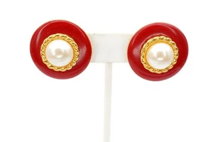 Vintage Monet Ohrclips goldfarben Kunstperlen rot Emaille - Bild 1 von 8