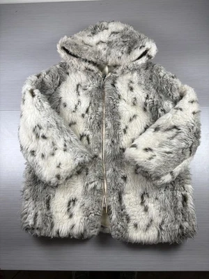 Faux Fur Hooded Jacket Womens XL Gray White Snow Leopard Zip Coat Winter - Image 1 of 4