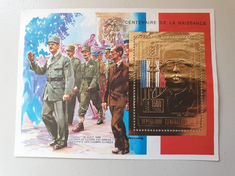 Timbre or république centrafricaine anniversaire naissance général de Gaulle - Photo 1/1