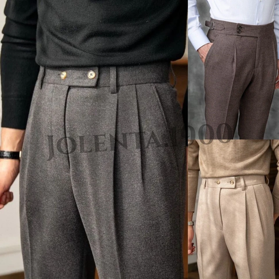 Pantalones de cachemir para hombre plisados frente cintura ajustable informales invierno pantalones con puños Foto 1 de 4