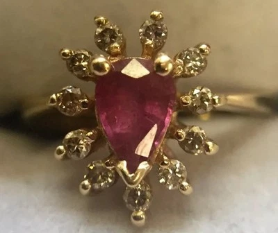 14K SOLID YELLOW GOLD BH EFFY PEAR SHAPED RUBY WITH GENUINE DIAMONDS RING Size 3 - Image 1 of 4