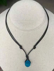 Ocean Blue Recycled Glass Bead Adjustable Black 1.5mm Cord Necklace - Picture 1 of 4