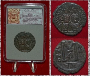 Antica moneta IMPERO BIZANTINO di GIUSTINO II Sofia e Giustino II in trono - Foto 1 di 4