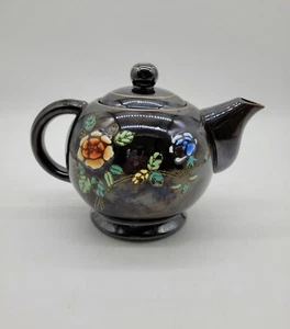 Tetera de cerámica vintage de Japón ocupado negra/floral - Imagen 1 de 9