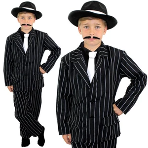 CHILD GANGSTER COSTUME AND BLACK HAT BOYS 1920'S FANCY DRESS THEATRE STAGE SHOW - Picture 1 of 6