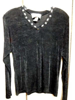 Винтажный 1990-х PSE черный с заклепками Acetate блузка верхний Jewel рубашка ретро Cali гламур M - Изображение 1 из 4