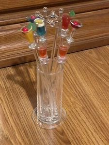 9 Plastic Cocktails & Snowflakes Swizzle Stir Sticks Drink Barware In Holder - Picture 1 of 11