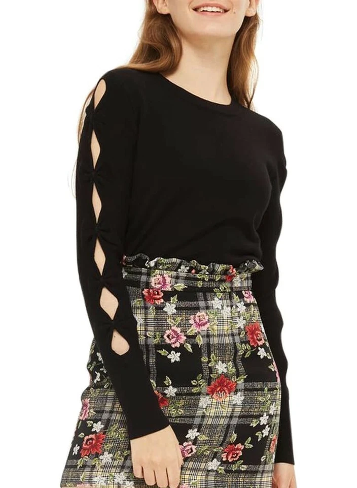 Topshop 157728 Women's Bow Sleeve Crop Sweater Long Sleeve Black Sz. 12 US