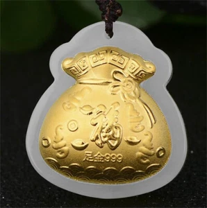 Natural White HeTian Jade Solid Gold Carved Money Bag Pendant Amulet Necklace - Picture 1 of 8