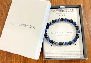 NEW in BOX*  ESSENTIAL RITUAL Blue Sodalite ONYX Hematite Beaded Men's Bracelet - Picture 1 of 6
