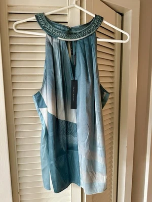 Blusa Elie Tahari Azul Teal Seda Cuero Trenzado Cuello Borde Sin Mangas M Foto 1 de 4