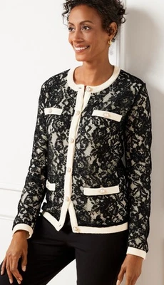 Nuevo con etiquetas Cárdigan Talbots Negro Encaje Superpuesto Marfil Tejido Perla Botón Dinero Antiguo Lux S Foto 1 de 4