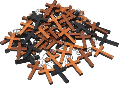 75 peças mini pingente de amuletos cruzados de madeira 3 cores com correntes cruz de madeira natural  - Imagem 1 de 4