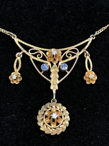 "Collar de cadena eduardiano de oro amarillo de 10 quilates con diamantes y zafiros lavalier festón 16,5""" - Imagen 1 de 12