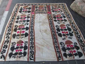 ANTIQUE UZBEK SILK HAND MADE- EMBROIDERED SUZANI 197x177-cm / 77.5x69.6-inches - Picture 1 of 12