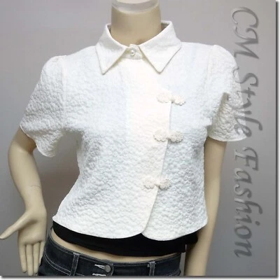 Camisa Boho Recortada Top Repujado Floral Elegante Oriental China Cremosa Blanca S Foto 1 de 4