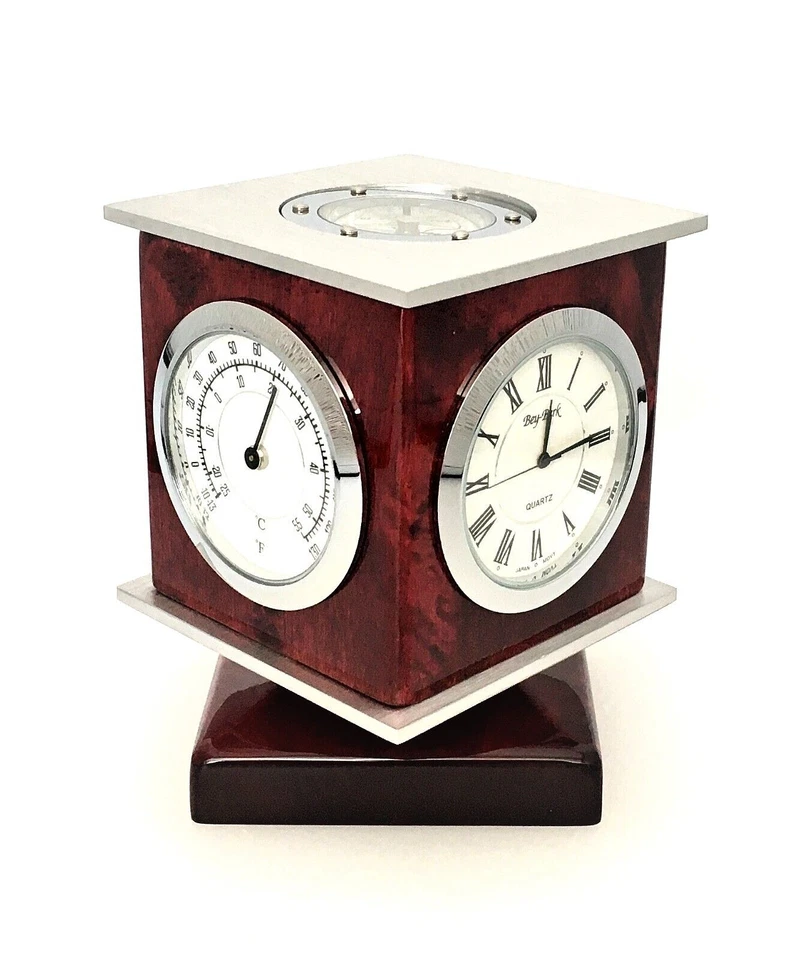 Lacquered Rosewood Weather Station W Clock, Thermometer, Hygrometer NEW - Image 1 of 4