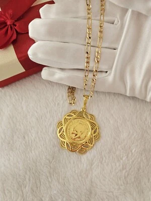 Round Ottoman Totem Pendant Necklace 24kt Gold Plated Turkish Coin Pendant Lira - Image 1 of 2