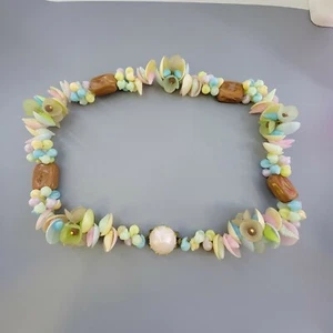 Vintage Acrylic Faux Shells Flowers Wood Beaded Necklace Made in West Germany - Picture 1 of 12
