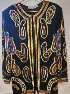 Laurence Kazar 2X Silk Beaded Long Jacket Cardigan Vintage 80s Sequins - Picture 1 of 6