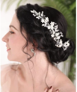 Wedding Cream White Flower Rhinestone Crystal Pearl Comb Silver Hair Accessory - Picture 1 of 4