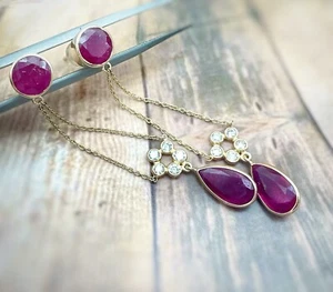 Natural Ruby Diamond Dangle Drop Earrings Crafty 14k Solid Yellow Gold Earrings - Picture 1 of 7