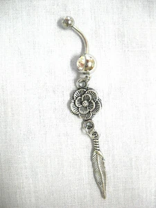 OPEN FLOWER DREAM CATCHER w 1 FEATHER CHARMS ON CLEAR 14g CZ BELLY RING - Picture 1 of 1