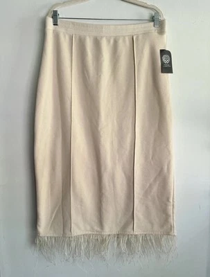 NUEVO CON ETIQUETAS Vince Camuto Nueva Falda Recta Romántica Borde Pluma Beige Midi Talla L Foto 1 de 4